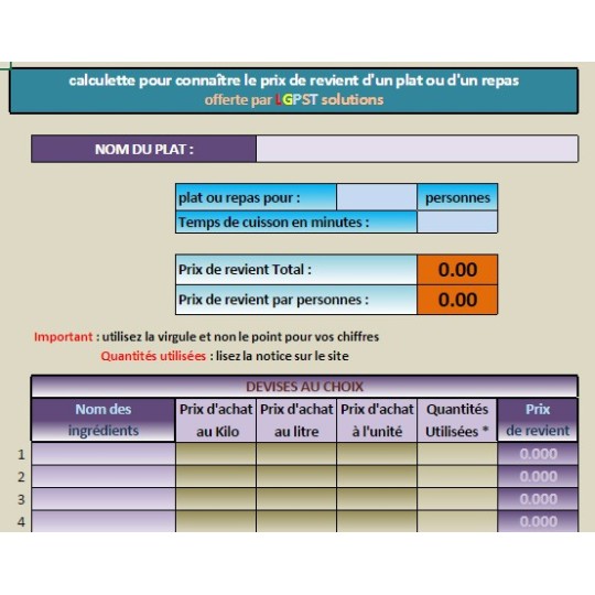 Calculette prix de revient d'un plat