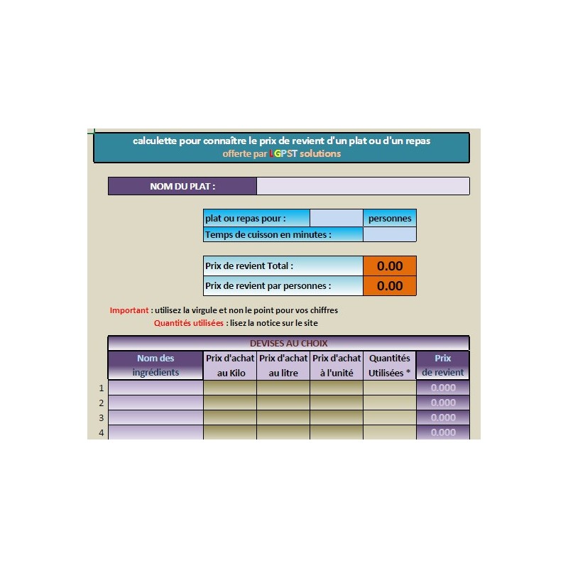 Calculette prix de revient d'un plat