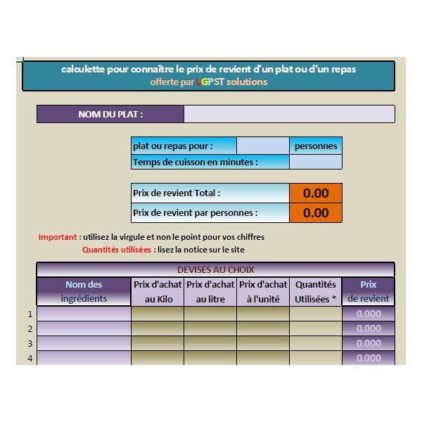 Calculette prix de revient d'un plat