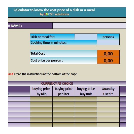 Calculator cost price of a dish a meal or a recipe pro version