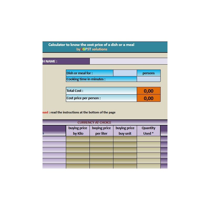 Calculator cost price of a dish a meal or a recipe pro version
