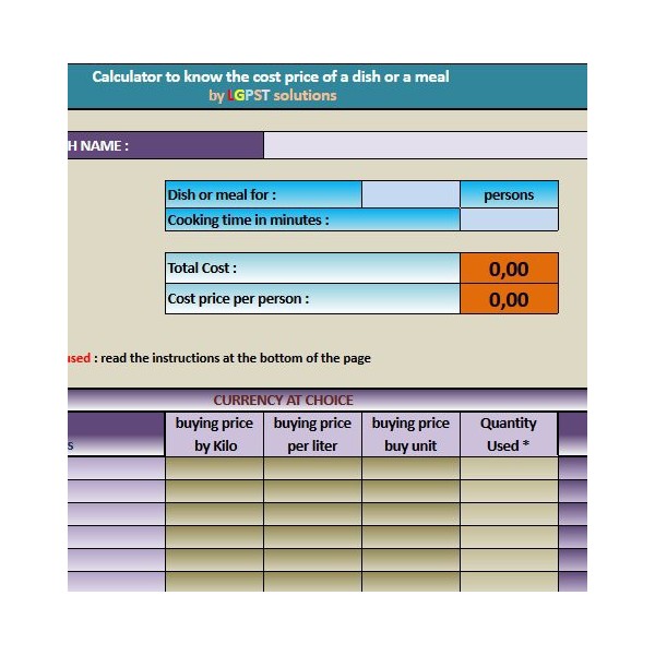 Calculator cost price of a dish a meal or a recipe pro version