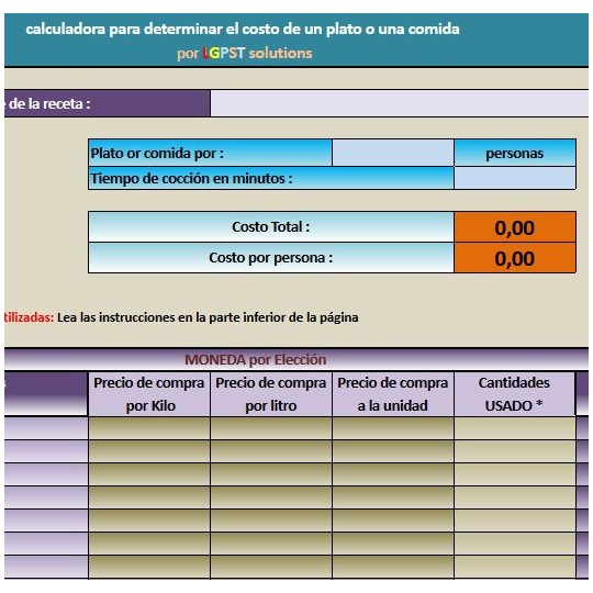 LGPST Calculadora para conocer el costó de un plato una comida versión profesional 